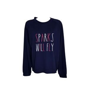RAE DUNN Gallery Sweatshirt‎ Super Soft Size Large Navy “SPARKS WILL FLY"